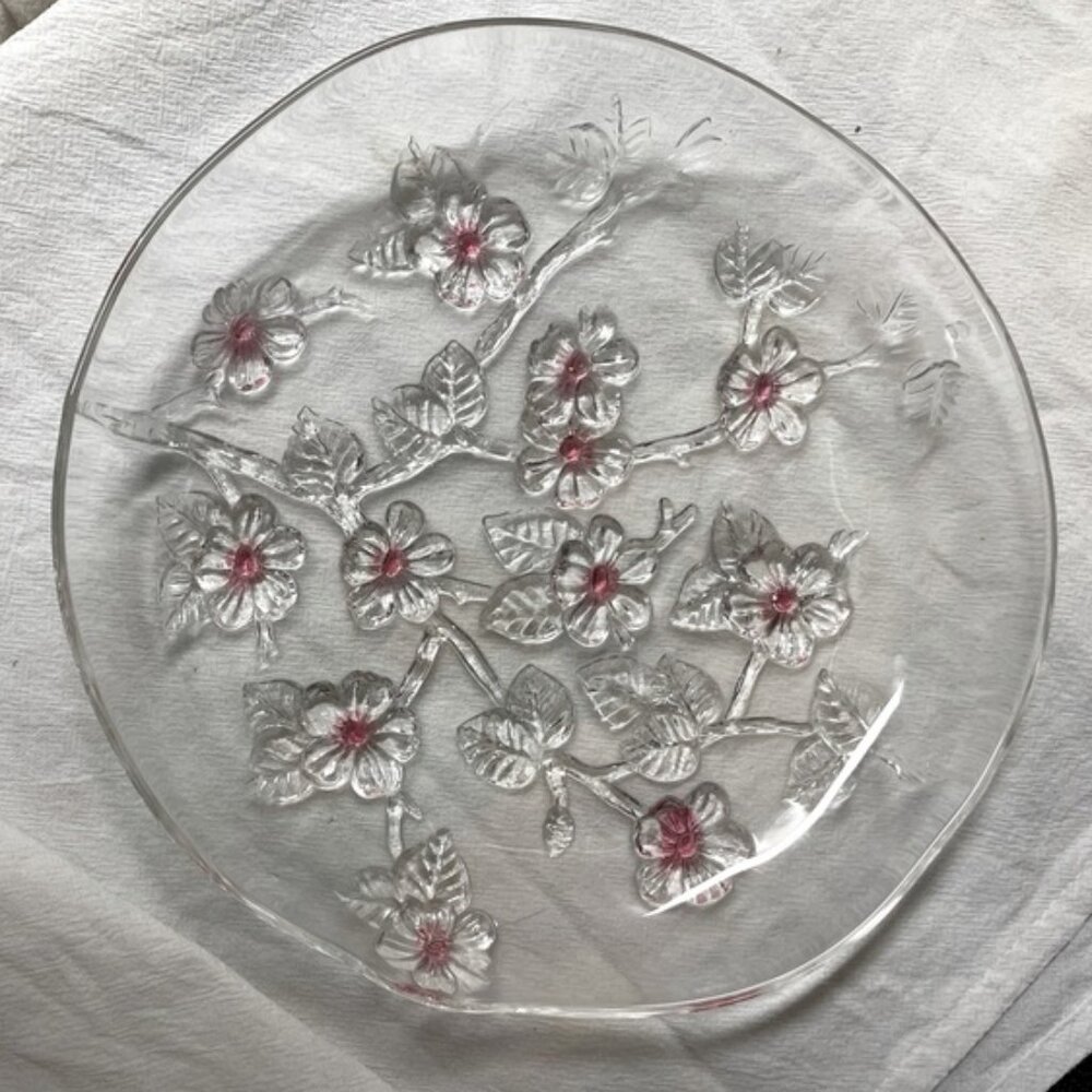 Vtg WALTHER glass server plate CHERRY BLOSSOM BRANCH charmingly asymmetrical